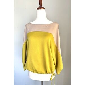 BCBG Maxazria Dill Taupe Top Womens Tie Waist Slitted Peasant Sleeve XS